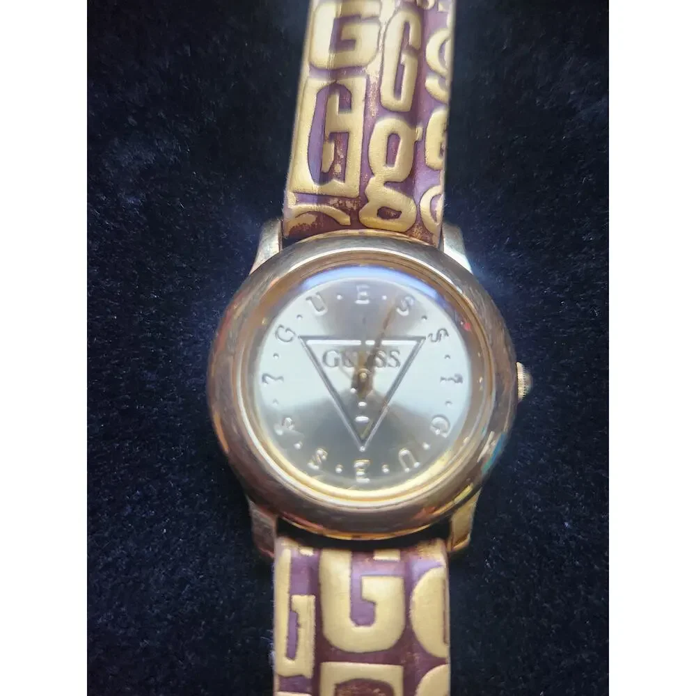 Guess Gold Tone Watch Gold Monogram Leather Band Women's working W/new battery